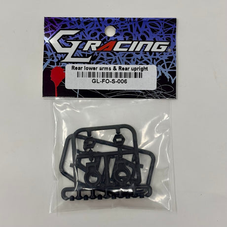 GL Racing Formula One rear lower arm and upright components for racing car suspension system, shown from side angle.