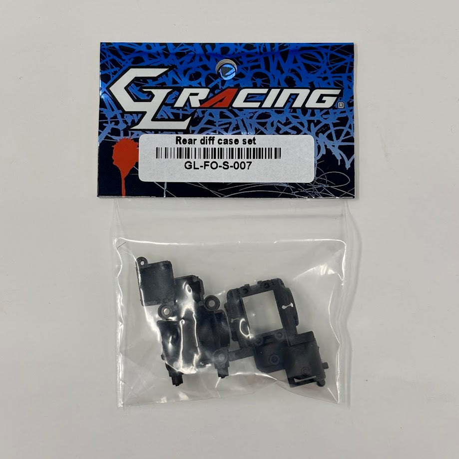 GL Racing Formula One rear differential case set showing detailed metal components and assembly for high-performance racing cars.