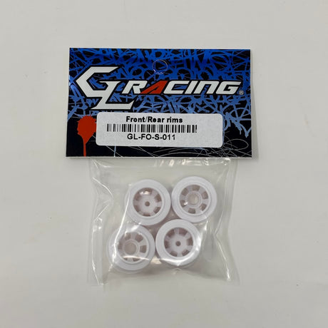 GL Racing Formula One front and rear rims, lightweight alloy wheels with detailed spoke design, for high-performance racing cars.