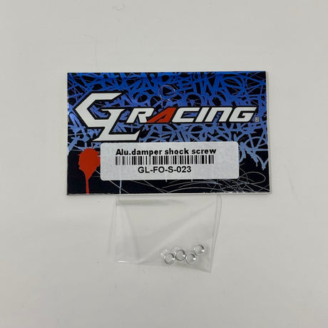 GL Racing aluminum damper shock screw for Formula One RC cars, showing the precise metal component with threading and mounting features.