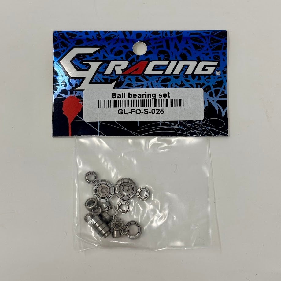 GL Racing Formula One ball bearing set with multiple small metal bearings arranged in a clear container.