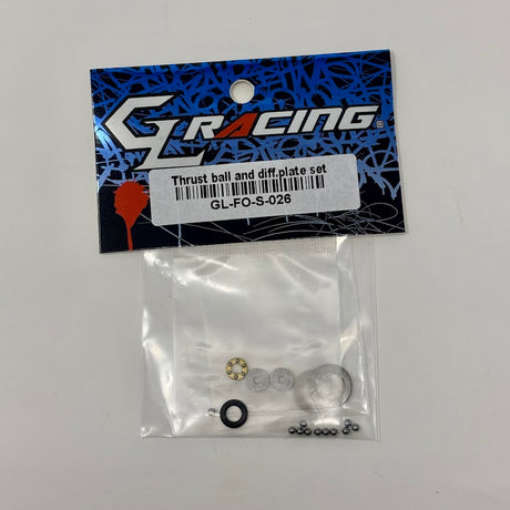 GL Racing Formula One Thrust Ball and Diff Plate Set showing metal components and precise engineering details on a white background.