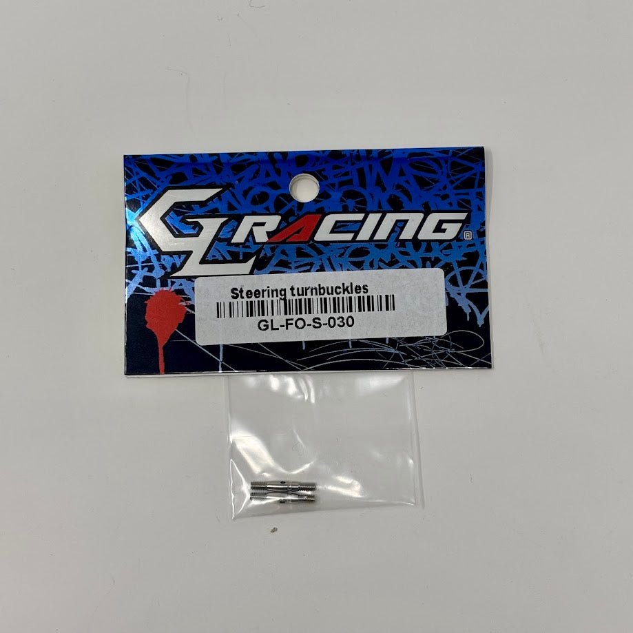 GL Racing Formula One steering turnbuckles shown in the image, featuring detailed metal construction and precise fit for racing cars.