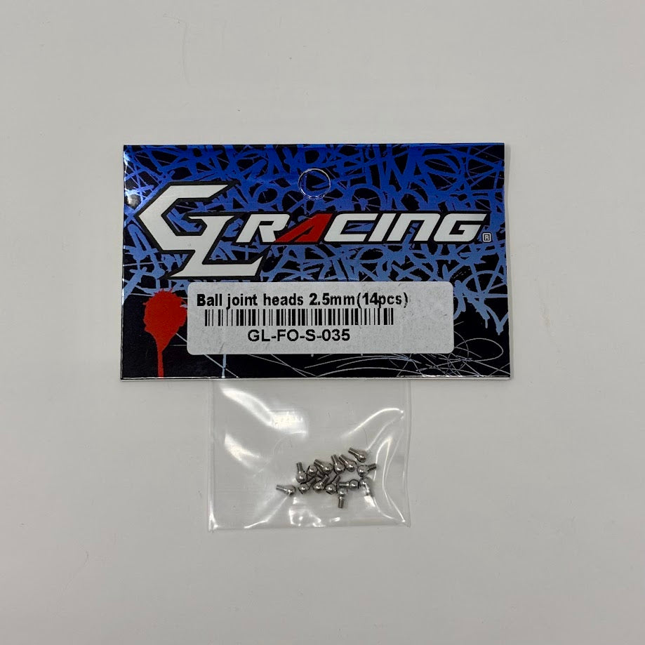 Set of 14 GL Racing GL Formula One 2.5mm ball joint heads for RC cars, featuring durable plastic construction and precise fit.