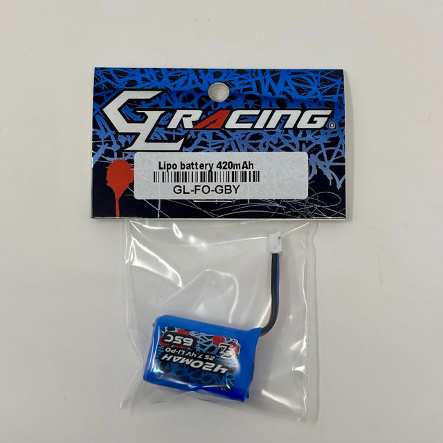 GL Racing 420mAh 2S LiPo battery for GL Formula One remote control car, showing the compact battery pack and connectors.