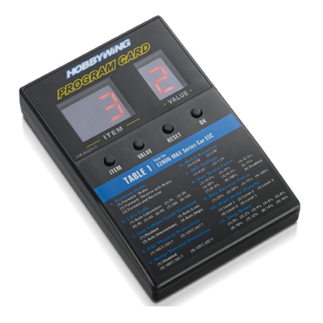 Hobbywing RC car LED program card showing colorful LED lights and interface for customizing RC car settings