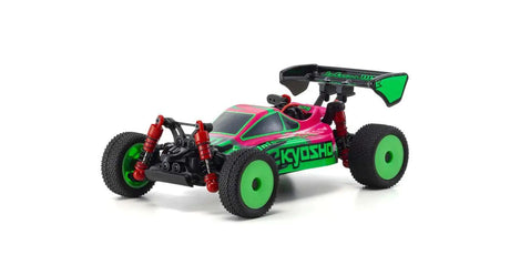 Kyosho Mini-Z 4WD Inferno MP9 buggy RC car in pink and green, ready-to-run model with detailed exterior and racing design.