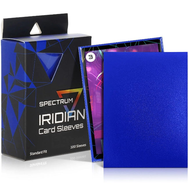 Blue Iridian Matte Standard Sleeves by BCW, 100-count pack, showing protective card sleeves with matte finish and vibrant blue color.
