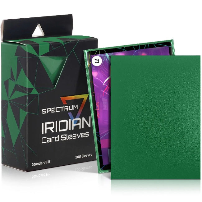 Green Iridian Matte Standard Sleeves by BCW, 100-count pack, showing smooth matte finish and transparent card sleeve design.