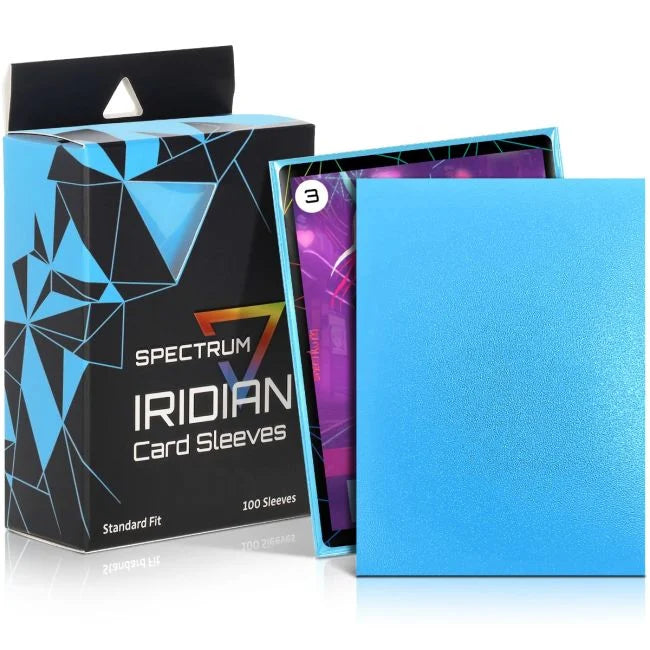 Set of 100 BCW Iridian Matte Standard Sleeves in sky blue for card protection and display.
