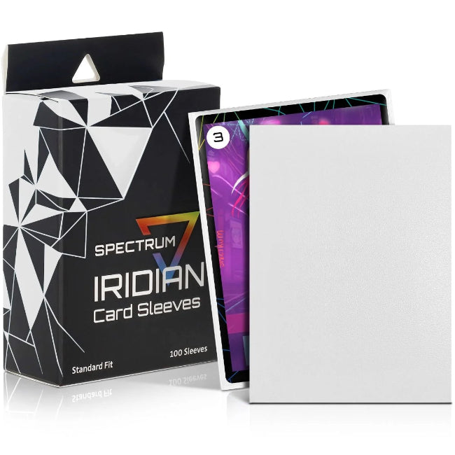 Pack of 100 BCW Iridian Matte Standard Sleeves for card protection, featuring a smooth, matte finish, shown in white.