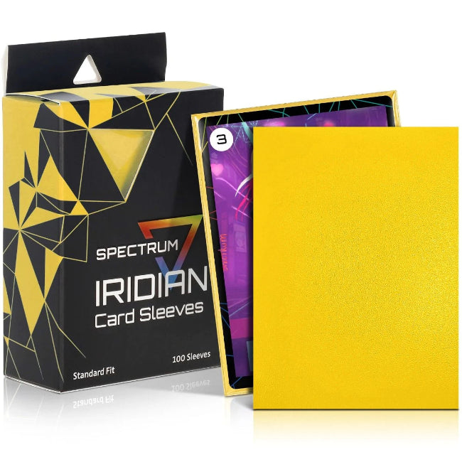 Yellow Iridian Matte Standard Sleeves by BCW, 100-count pack, showing smooth matte finish and transparent card sleeves for collectible cards.