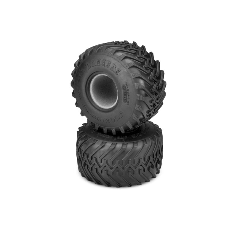 Pair of JConcepts Losi Mini LMT Racer Monster Truck tires with rugged tread for off-road performance, shown on scale model truck.