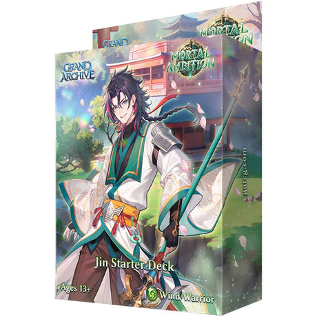 Jin starter deck from Grand Archive TCG Mortal Ambition set by Weebs of the Shore, featuring illustrated card artwork and deck components.