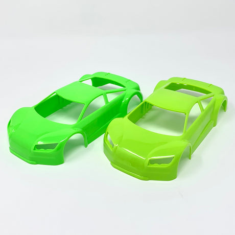 Jomurema GT01 car body in neon green with black accents, showcasing sleek aerodynamic design and detailed surface texture.