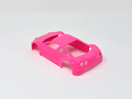 Jomurema GT01 car body set in vibrant neon pink, featuring detailed design and aerodynamic shape for racing or show cars.