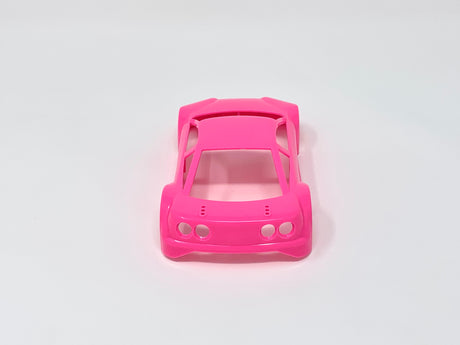 Jomurema GT01 car body set in vibrant neon pink, displayed on a sleek vehicle with detailed design elements.