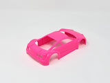 Jomurema GT01 car body set in vibrant neon pink, featuring detailed aerodynamic design and sleek finish for race or show cars.