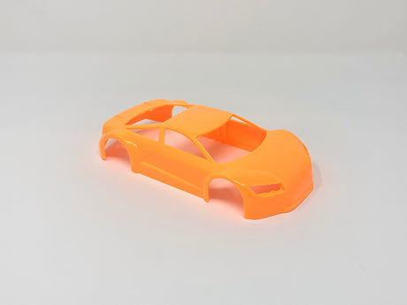 Jomurema GT01 car body in vibrant neon orange, showcasing sleek aerodynamic design and detailed finish.