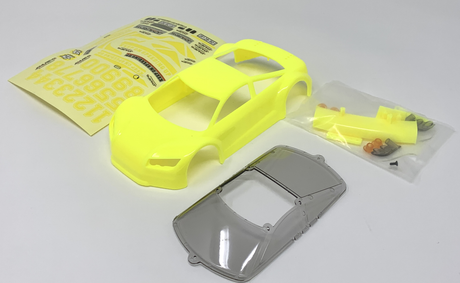 Jomurema GT01 car body in vibrant neon yellow with sleek design, showcasing its aerodynamic shape and bold color.