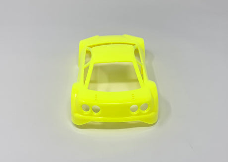 Jomurema GT01 car body in vibrant neon yellow, shown on a sleek vehicle with detailed close-up of the paint and design.