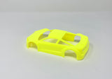 Jomurema GT01 car body in vibrant neon yellow, showcasing sleek design and aerodynamic features for high-performance vehicles.