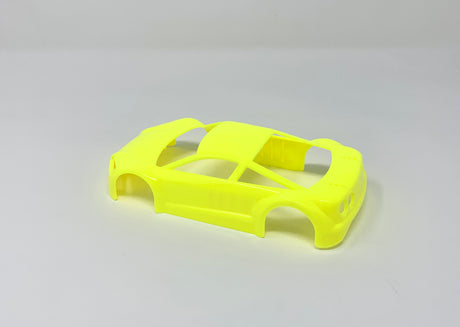 Jomurema GT01 car body in vibrant neon yellow, showcasing sleek design and aerodynamic features for high-performance vehicles.