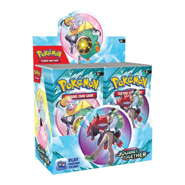 Pokemon Journey Together Booster Box featuring colorful booster packs with Pokémon characters and vibrant packaging design.