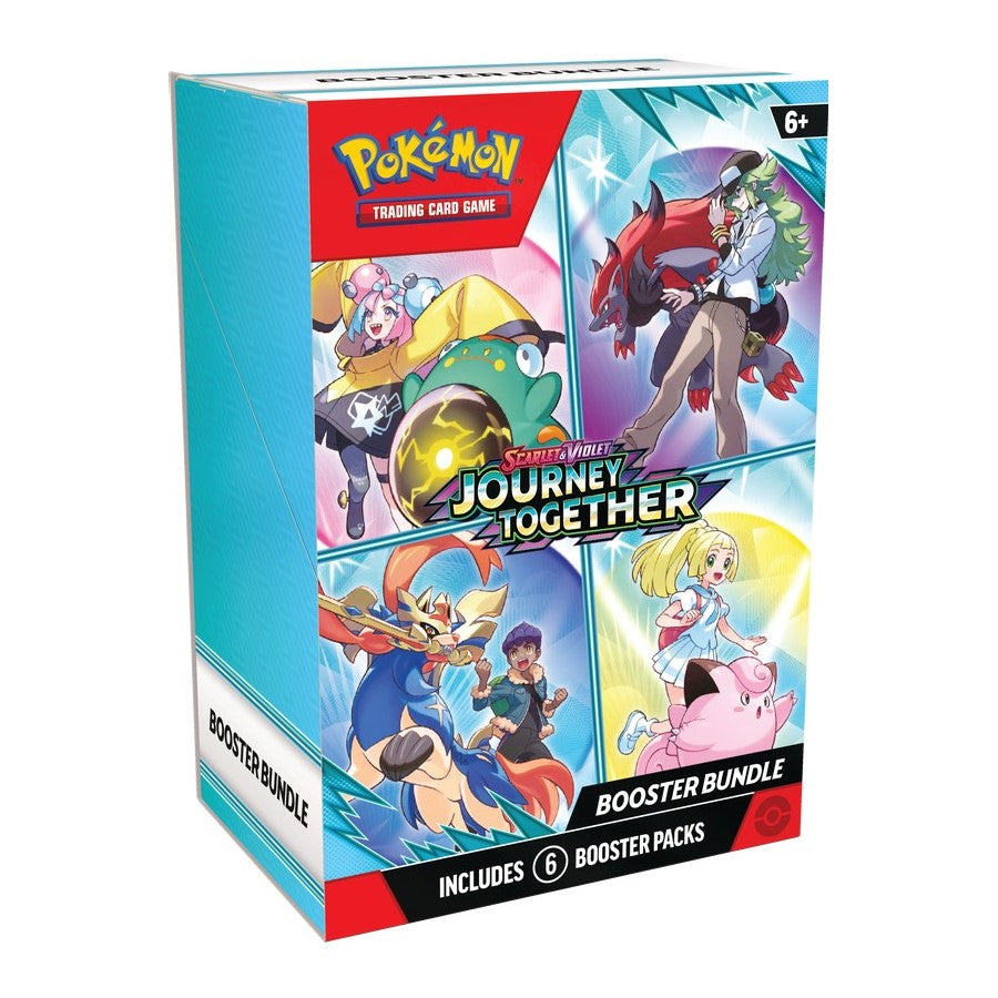 Pokemon Journey Together Booster Bundle featuring multiple booster packs with colorful Pokémon cards and themed packaging.