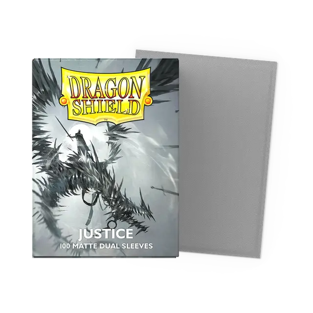 Dragon Shield Justice Dual Matte Standard Sleeves for card protection, featuring a sleek matte finish and vibrant Justice design.