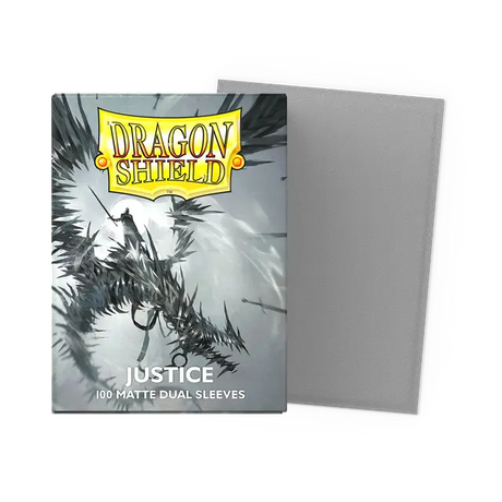 Dragon Shield Justice Dual Matte Standard Sleeves for card protection, featuring a sleek matte finish and vibrant Justice design.