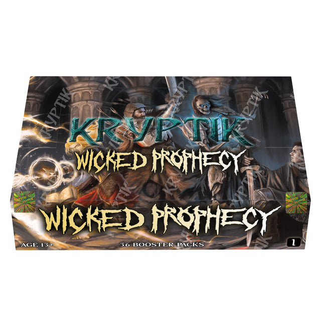 Kryptic TCG Wicked Prophecy Booster Box with colorful card packaging and artwork for the Kryptik TCG collectible card game