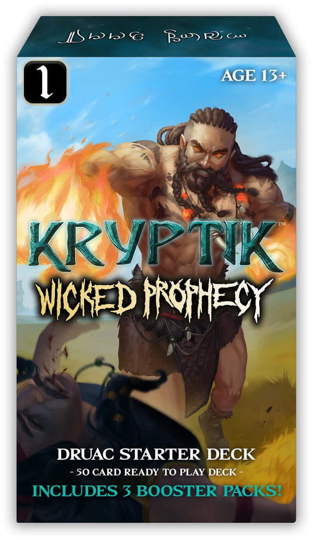 Kryptic TCG Wicked Prophecy Starter Deck Wave 1 showing colorful card illustrations and game components on a table.