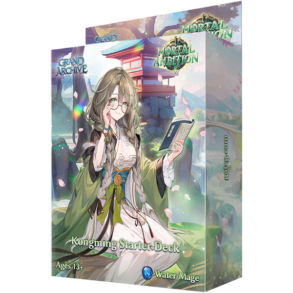 Kongming Mortal Ambition TCG starter deck from Grand Archive by Weebs of the Shore, featuring card art and gameplay components.