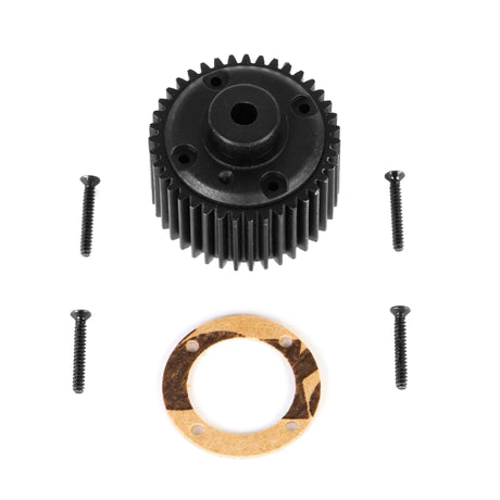 LC Racing L5003 gear differential case set showing metal housing, gear components, and mounting points for RC car drivetrain.