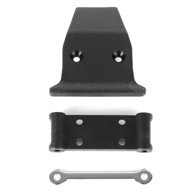 LC Racing L5008 front hinge pin brace, bulkhead, and bumper assembly for RC car, shown in black with detailed components.
