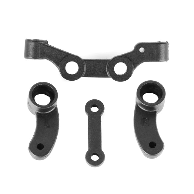 LC Racing L5009 steering bellcrank and rack set showing metal components with mounting points and linkage arms on a neutral background.
