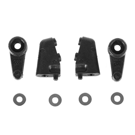 LC Racing L5010 servo mount and servo horn, black aluminum components for RC car steering and control system.
