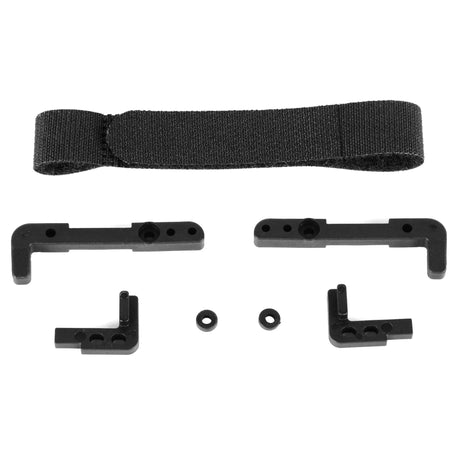 LC Racing L5013 battery mount set for RC cars, showing black plastic battery holder with mounting brackets and screws.