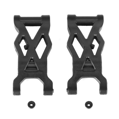 LC Racing L5016 rear suspension arms, black plastic and metal parts for RC car, detailed close-up of the suspension components.