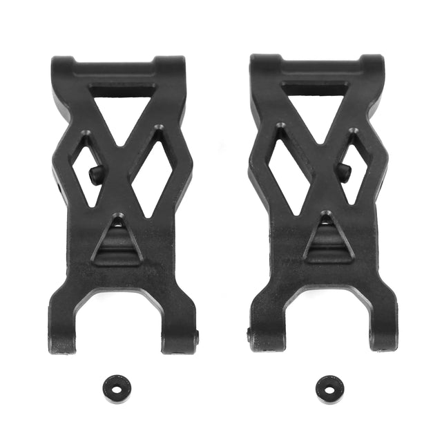 LC Racing L5016 rear suspension arms, black plastic and metal parts for RC car, detailed close-up of the suspension components.