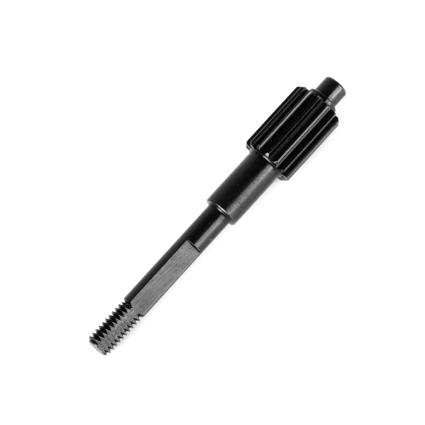 LC Racing L5021 top shaft for RC car, showing a close-up of the precision metal part with detailed gear teeth and mounting holes.