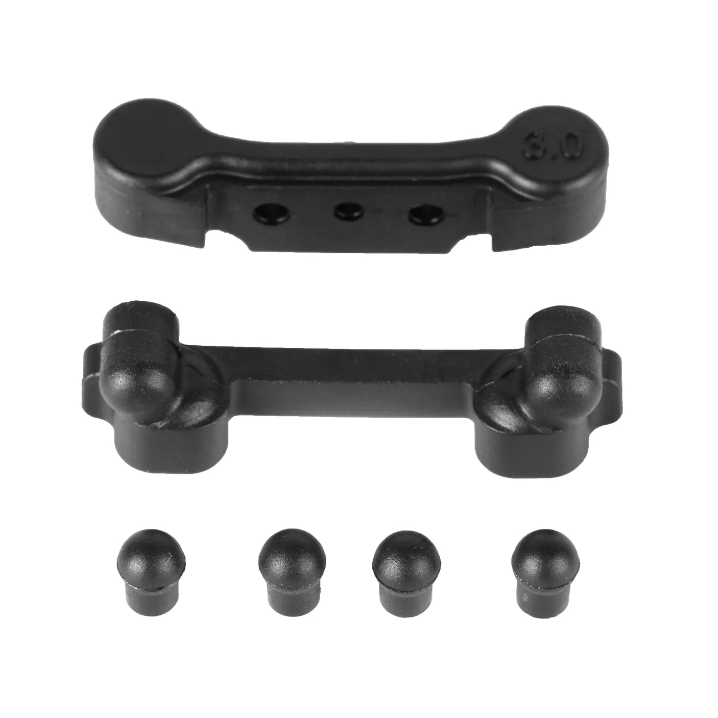 LC Racing L5027 arm mounts and pivot balls set, showing close-up of black plastic components with metal pivot balls.