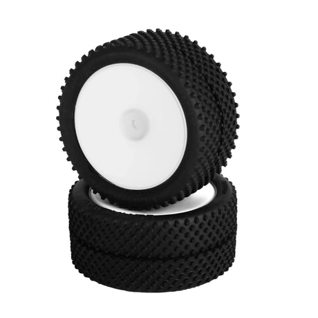 Pair of LC Racing L5042 pre-mounted mini buggy 2WD rear tires for RC car, black rubber with tread pattern, ready to install.