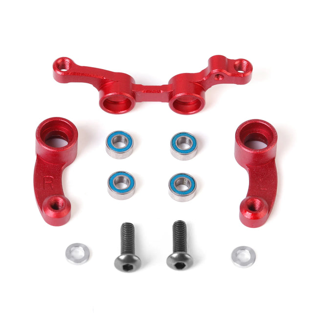 Aluminum steering bellcrank and rack V2 for LC Racing L5065 RC car, shown in silver with detailed components.