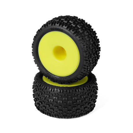 Two pre-mounted LC Racing L5060 truck front tires, durable rubber tires for RC trucks, shown on a plain background.