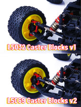 LC Racing L5069 Aluminum Caster Blocks V2 for RC cars, showing the silver caster block with mounting holes and precision-machined surface.