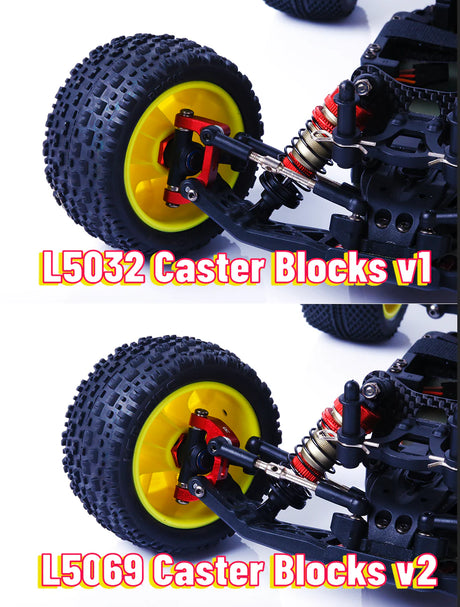 LC Racing L5069 Aluminum Caster Blocks V2 for RC cars, showing the silver caster block with mounting holes and precision-machined surface.