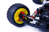 LC Racing L5069 aluminum caster blocks V2 installed on RC car, showcasing durable, precision-machined suspension components.