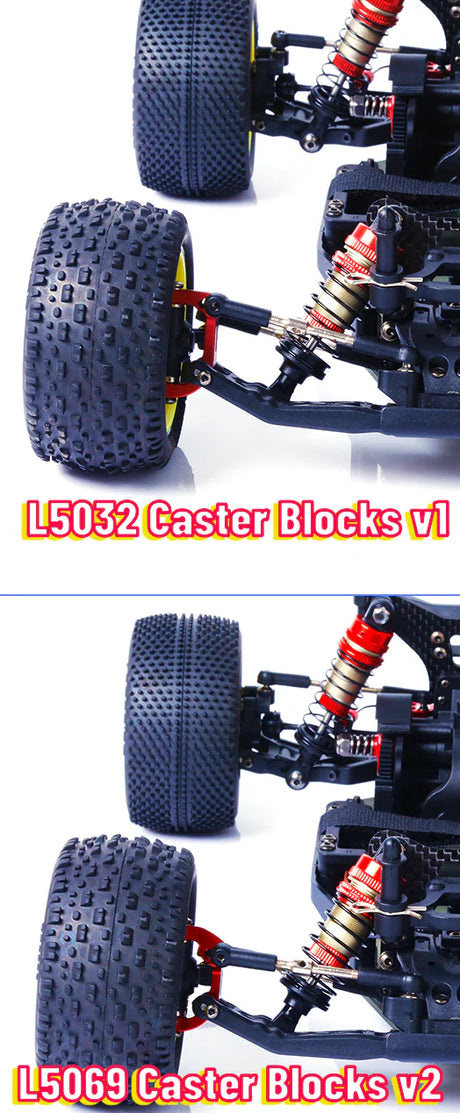 LC Racing L5069 aluminum caster blocks v2 installed on RC car, showcasing durable metal components for improved steering performance.